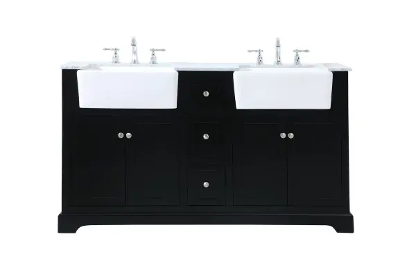 Make the most of your space with this farmhouse style bathroom vanity. Complements well with its beautiful finish, carrara white marble countertop, and the contemporary slender handle bar that sits on the functional drawers with soft closing mechanism, allowing you to store an assortment of bathroom essentials. This stylish vanity ensures both form and function in your bathroom for you and your guests. Collection: Franklin Rooms: bathroom Finish: black Width: 22.00" Height: 34.75" Length: 60.00" Weight: 271.00 lb Material: Solid wood and MDF Country of Origin: Vietnam Manufacturer Warranty: 1 year limited
