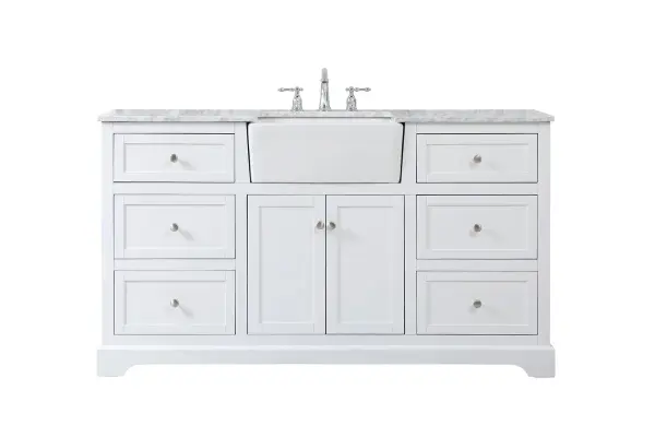 This 60-inch vanity combines farmhouse charm with practical design. The white finish and Carrara marble countertop create a clean, classic look, while soft-close drawers and an open lower shelf provide ample storage for towels and essentials.