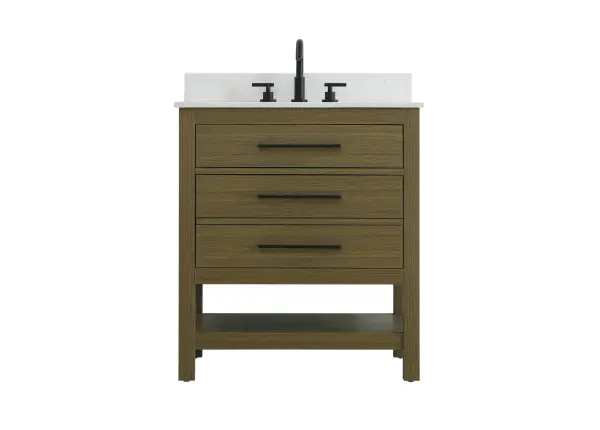 Dimensions
Length: 30"
Width: 22"
Height: 34"
Counter Top Length: 30"
Counter Top Width: 22"
Counter Top Height: 4"
Sink Width: 17.13"
Sink Depth: 11.61"
Sink Height: 7"
Sink Drain Hole Size: 1.75"
Faucet Hole Spacing: 8"3 Holes"
Specifications
Assembly Required: No
Base Material: Solid wood and MDF
Counter Top Edge Style: straight
Counter Top Finish: marble white
Distressed Finish: No
Drain Assembly Included: No
Faucet Included: No
Finish (Color): Chestnut Brown
Vanity Material: Solid Wood and MDF
Hardware Finish: black
Harware Material: Aluminum alloy
Number of Faucet Holes: 3
Number of Sinks: 1
Product Shape: Rectangle
Product Type: Bathroom Vanities
Product Warranty: 1 year limited
Sink Mounting Type: Undermount
Vanity Backsplash: YES
Vanity Mounting Type: Free-Standing
Weight: 127
Wire Included: No
Wood Type: Rubberwood
Shipment type: LTL
US Shipping Cost: $142.00
Drawers
Drawers Included: yes
Number of Drawers: 2
False Drawers: no
Drawer Width: dw1:25
dw2:25
Drawer Depth: dw1:5.125 dw2:15.625
Drawer Height: dw1:5.375 dw2:11.25
Drawer Handle Designs: Bar pulls
Shelves
Number of Shelves: 1
Shelf Width: 25.25