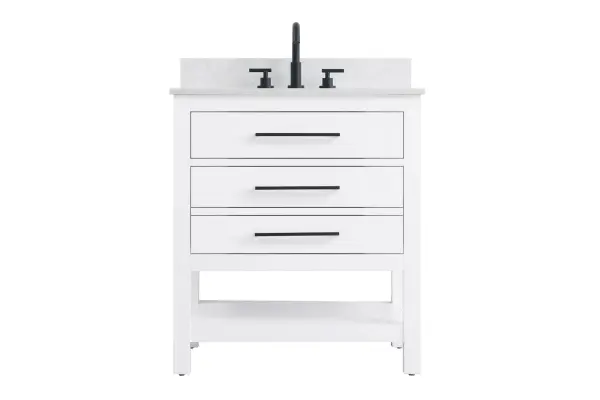 Dimensions
Length: 30"
Width: 22"
Height: 34"
Counter Top Length: 30"
Counter Top Width: 22"
Counter Top Height: 4"
Sink Width: 17.13"
Sink Depth: 11.61"
Sink Height: 7"
Sink Drain Hole Size: 1.75"
Faucet Hole Spacing: 8"3 Holes"
Specifications
Assembly Required: No
Base Material: Solid wood and MDF
Counter Top Edge Style: straight
Counter Top Finish: marble white
Distressed Finish: No
Drain Assembly Included: No
Faucet Included: No
Finish (Color): White
Vanity Material: Solid Wood and MDF
Hardware Finish: black
Harware Material: Aluminum alloy
Number of Faucet Holes: 3
Number of Sinks: 1
Product Shape: Rectangle
Product Type: Bathroom Vanities
Product Warranty: 1 year limited
Sink Mounting Type: Undermount
Vanity Backsplash: YES
Vanity Mounting Type: Free-Standing
Weight: 127
Wire Included: No
Wood Type: Rubberwood
Shipment type: LTL
US Shipping Cost: $142.00
Drawers
Drawers Included: yes
Number of Drawers: 2
False Drawers: no
Drawer Width: dw1:25
dw2:25
Drawer Depth: dw1:5.125 dw2:15.625
Drawer Height: dw1:5.375 dw2:11.25
Drawer Handle Designs: Bar pulls
Shelves
Number of Shelves: 1
Shelf Width: 25.25