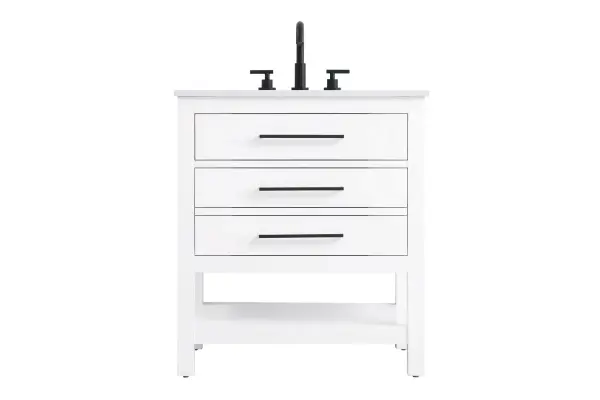 Dimensions
Length: 30"
Width: 22"
Height: 34"
Counter Top Length: 30"
Counter Top Width: 22"
Counter Top Height: 4"
Sink Width: 17.13"
Sink Depth: 11.61"
Sink Height: 7"
Sink Drain Hole Size: 1.75"
Faucet Hole Spacing: 8"3 Holes"
Specifications
Assembly Required: No
Base Material: Solid wood and MDF
Counter Top Edge Style: straight
Counter Top Finish: marble white
Distressed Finish: No
Drain Assembly Included: No
Faucet Included: No
Faucet Type: Widespread
Finish (Color): White
Vanity Material: Solid Wood and MDF
Hardware Finish: black
Harware Material: Aluminum alloy
Number of Faucet Holes: 3
Number of Sinks: 1
Product Shape: Rectangle
Product Type: Bathroom Vanities
Product Warranty: 1 year limited
Sink Mounting Type: Undermount
Vanity Backsplash: NO
Vanity Mounting Type: Free-Standing
136
Wire Included: No
Wood Type: Rubberwood
Shipment type: LTL
US Shipping Cost: $142.00
Drawers
Drawers Included: yes
Number of Drawers: 2
False Drawers: no
Drawer Width: dw1:25
dw2:25
Drawer Depth: dw1:5.125 dw2:15.625
Drawer Height: dw1:5.375 dw2:11.25
Drawer Handle Designs: Bar pulls
Shelves
Number of Shelves: 1
Shelf Width: 25.25