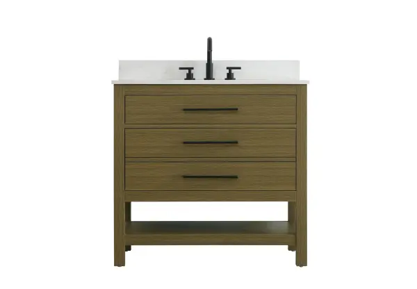 Dimensions
Length: 36"
Width: 22"
Height: 34"
Counter Top Length: 36"
Counter Top Width: 22"
Counter Top Height: 4"
Sink Width: 17.13"
Sink Depth: 11.61"
Sink Height: 7"
Sink Drain Hole Size: 1.75"
Faucet Hole Spacing: 8"3 Holes"
Specifications
Assembly Required: No
Base Material: Solid wood and MDF
Counter Top Edge Style: straight
Counter Top Finish: marble white
Distressed Finish: No
Drain Assembly Included: No
Faucet Included: No
Finish (Color): Chestnut Brown
Vanity Material: Solid Wood and MDF
Hardware Finish: black
Harware Material: Aluminum alloy
Number of Faucet Holes: 3
Number of Sinks: 1
Product Shape: Rectangle
Product Type: Bathroom Vanities
Product Warranty: 1 year limited
Sink Mounting Type: Undermount
Vanity Backsplash: YES
Vanity Mounting Type: Free-Standing
Weight: 146
Wire Included: No
Wood Type: Rubberwood
Shipment type: LTL
US Shipping Cost: $142.00
Drawers
Drawers Included: yes
Number of Drawers: 2
False Drawers: no
Drawer Width: dw1:31
dw2:31
Drawer Depth: dw1:5.125 dw2:15.625
Drawer Height: dw1:5.375 dw2:11.25
Drawer Handle Designs: Bar pulls
Shelves
Number of Shelves: 1
Shelf Width: 31.25