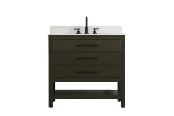 Dimensions
Length: 36"
Width: 22"
Height: 34"
Counter Top Length: 36"
Counter Top Width: 22"
Counter Top Height: 4"
Sink Width: 17.13"
Sink Depth: 11.61"
Sink Height: 7"
Sink Drain Hole Size: 1.75"
Faucet Hole Spacing: 8"3 Holes"
Specifications
Assembly Required: No
Base Material: Solid wood and MDF
Counter Top Edge Style: straight
Counter Top Finish: marble white
Distressed Finish: No
Drain Assembly Included: No
Faucet Included: No
Finish (Color): Mocha Brown
Vanity Material: Solid Wood and MDF
Hardware Finish: black
Harware Material: Aluminum alloy
Number of Faucet Holes: 3
Number of Sinks: 1
Product Shape: Rectangle
Product Type: Bathroom Vanities
Product Warranty: 1 year limited
Sink Mounting Type: Undermount
Vanity Backsplash: YES
Vanity Mounting Type: Free-Standing
Weight: 146
Wire Included: No
Wood Type: Rubberwood
Shipment type: LTL
US Shipping Cost: $142.00
Drawers
Drawers Included: yes
Number of Drawers: 2
False Drawers: no
Drawer Width: dw1:31
dw2:31
Drawer Depth: dw1:5.125 dw2:15.625
Drawer Height: dw1:5.375 dw2:11.25
Drawer Handle Designs: Bar pulls
Shelves
Number of Shelves: 1
Shelf Width: 31.25