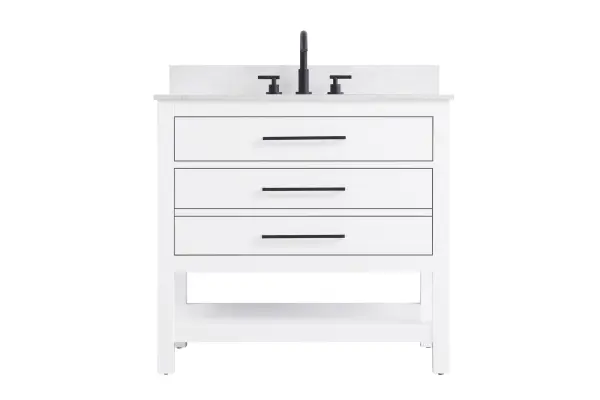 Dimensions
Length: 36"
Width: 22"
Height: 34"
Counter Top Length: 36"
Counter Top Width: 22"
Counter Top Height: 4"
Sink Width: 17.13"
Sink Depth: 11.61"
Sink Height: 7"
Sink Drain Hole Size: 1.75"
Faucet Hole Spacing: 8"3 Holes"
Specifications
Assembly Required: No
Base Material: Solid wood and MDF
Counter Top Edge Style: straight
Counter Top Finish: marble white
Distressed Finish: No
Drain Assembly Included: No
Faucet Included: No
Finish (Color): White
Vanity Material: Solid Wood and MDF
Hardware Finish: black
Harware Material: Aluminum alloy
Number of Faucet Holes: 3
Number of Sinks: 1
Product Shape: Rectangle
Product Type: Bathroom Vanities
Product Warranty: 1 year limited
Sink Mounting Type: Undermount
Vanity Backsplash: YES
Vanity Mounting Type: Free-Standing
Weight: 146
Wire Included: No
Wood Type: Rubberwood
Shipment type: LTL
US Shipping Cost: $142.00
Drawers
Drawers Included: yes
Number of Drawers: 2
False Drawers: no
Drawer Width: dw1:31
dw2:31
Drawer Depth: dw1:5.125 dw2:15.625
Drawer Height: dw1:5.375 dw2:11.25
Drawer Handle Designs: Bar pulls
Shelves
Number of Shelves: 1
Shelf Width: 31.25