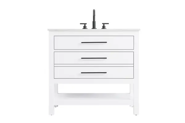 Dimensions
Length: 36"
Width: 22"
Height: 34"
Counter Top Length: 36"
Counter Top Width: 22"
Counter Top Height: 4"
Sink Width: 17.13"
Sink Depth: 11.61"
Sink Height: 7"
Sink Drain Hole Size: 1.75"
Faucet Hole Spacing: 8"3 Holes"
Specifications
Assembly Required: No
Base Material: Solid wood and MDF
Counter Top Edge Style: straight
Counter Top Finish: marble white
Distressed Finish: No
Drain Assembly Included: No
Faucet Included: No
Faucet Type: Widespread
Finish (Color): White
Vanity Material: Solid Wood and MDF
Hardware Finish: black
Harware Material: Aluminum alloy
Number of Faucet Holes: 3
Number of Sinks: 1
Product Shape: Rectangle
Product Type: Bathroom Vanities
Product Warranty: 1 year limited
Sink Mounting Type: Undermount
Vanity Backsplash: NO
Vanity Mounting Type: Free-Standing
150
Wire Included: No
Wood Type: Rubberwood
Shipment type: LTL
US Shipping Cost: $165.00
Drawers
Drawers Included: yes
Number of Drawers: 2
False Drawers: no
Drawer Width: dw1:31
dw2:31
Drawer Depth: dw1:5.125 dw2:15.625
Drawer Height: dw1:5.375 dw2:11.25
Drawer Handle Designs: Bar pulls
Shelves
Number of Shelves: 1
Shelf Width: 31.25