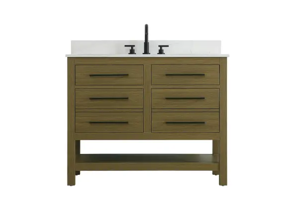 Dimensions
Length: 42"
Width: 22"
Height: 34"
Counter Top Length: 42"
Counter Top Width: 22"
Counter Top Height: 4"
Sink Width: 17.13"
Sink Depth: 11.61"
Sink Height: 7"
Sink Drain Hole Size: 1.75"
Faucet Hole Spacing: 8"3 Holes"
Specifications
Assembly Required: No
Base Material: Solid wood and MDF
Counter Top Edge Style: straight
Counter Top Finish: marble white
Distressed Finish: No
Drain Assembly Included: No
Faucet Included: No
Finish (Color): Chestnut Brown
Vanity Material: Solid Wood and MDF
Hardware Finish: black
Harware Material: Aluminum alloy
Number of Faucet Holes: 3
Number of Sinks: 1
Product Shape: Rectangle
Product Type: Bathroom Vanities
Product Warranty: 1 year limited
Sink Mounting Type: Undermount
Vanity Backsplash: YES
Vanity Mounting Type: Free-Standing
Weight: 172
Wire Included: No
Wood Type: Rubberwood
Shipment type: LTL
US Shipping Cost: $142.00
Drawers
Drawers Included: yes
Number of Drawers: 4
False Drawers: no
Drawer Width: dw1:17.375 dw2:17.375
Drawer Depth: dw1:5.125 dw2:15.625
Drawer Height: dw1:5.375 dw2:11.25
Drawer Handle Designs: Bar pulls
Shelves
Number of Shelves: 1
Shelf Width: 37.25