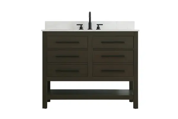 Dimensions
Length: 42"
Width: 22"
Height: 34"
Counter Top Length: 42"
Counter Top Width: 22"
Counter Top Height: 4"
Sink Width: 17.13"
Sink Depth: 11.61"
Sink Height: 7"
Sink Drain Hole Size: 1.75"
Faucet Hole Spacing: 8"3 Holes"
Specifications
Assembly Required: No
Base Material: Solid wood and MDF
Counter Top Edge Style: straight
Counter Top Finish: marble white
Distressed Finish: No
Drain Assembly Included: No
Faucet Included: No
Finish (Color): Mocha Brown
Vanity Material: Solid Wood and MDF
Hardware Finish: black
Harware Material: Aluminum alloy
Number of Faucet Holes: 3
Number of Sinks: 1
Product Shape: Rectangle
Product Type: Bathroom Vanities
Product Warranty: 1 year limited
Sink Mounting Type: Undermount
Vanity Backsplash: YES
Vanity Mounting Type: Free-Standing
Weight: 172
Wire Included: No
Wood Type: Rubberwood
Shipment type: LTL
US Shipping Cost: $142.00
Drawers
Drawers Included: yes
Number of Drawers: 4
False Drawers: no
Drawer Width: dw1:17.375 dw2:17.375
Drawer Depth: dw1:5.125 dw2:15.625
Drawer Height: dw1:5.375 dw2:11.25
Drawer Handle Designs: Bar pulls
Shelves
Number of Shelves: 1
Shelf Width: 37.25
