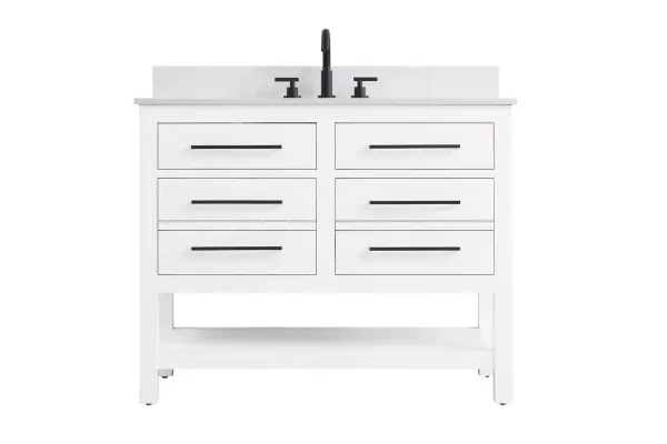 Dimensions
Length: 42"
Width: 22"
Height: 34"
Counter Top Length: 42"
Counter Top Width: 22"
Counter Top Height: 4"
Sink Width: 17.13"
Sink Depth: 11.61"
Sink Height: 7"
Sink Drain Hole Size: 1.75"
Faucet Hole Spacing: 8"3 Holes"
Specifications
Assembly Required: No
Base Material: Solid wood and MDF
Counter Top Edge Style: straight
Counter Top Finish: marble white
Distressed Finish: No
Drain Assembly Included: No
Faucet Included: No
Finish (Color): White
Vanity Material: Solid Wood and MDF
Hardware Finish: black
Harware Material: Aluminum alloy
Number of Faucet Holes: 3
Number of Sinks: 1
Product Shape: Rectangle
Product Type: Bathroom Vanities
Product Warranty: 1 year limited
Sink Mounting Type: Undermount
Vanity Backsplash: YES
Vanity Mounting Type: Free-Standing
Weight: 172
Wire Included: No
Wood Type: Rubberwood
Shipment type: LTL
US Shipping Cost: $142.00
Drawers
Drawers Included: yes
Number of Drawers: 4
False Drawers: no
Drawer Width: dw1:17.375 dw2:17.375
Drawer Depth: dw1:5.125 dw2:15.625
Drawer Height: dw1:5.375 dw2:11.25
Drawer Handle Designs: Bar pulls
Shelves
Number of Shelves: 1
Shelf Width: 37.25