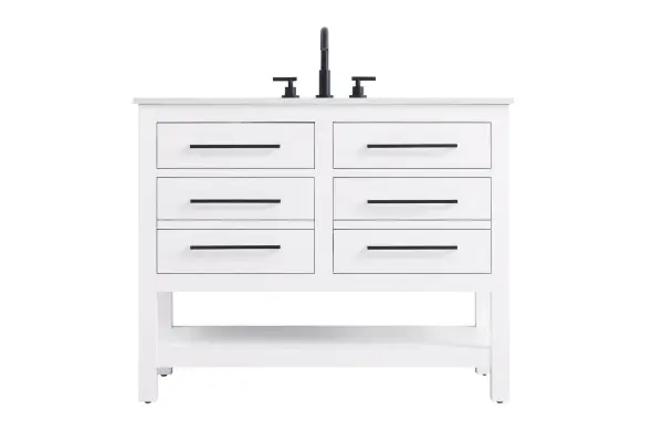 Dimensions
Length: 42"
Width: 22"
Height: 34"
Counter Top Length: 42"
Counter Top Width: 22"
Counter Top Height: 4"
Sink Width: 17.13"
Sink Depth: 11.61"
Sink Height: 7"
Sink Drain Hole Size: 1.75"
Faucet Hole Spacing: 8"3 Holes"
Specifications
Assembly Required: No
Base Material: Solid wood and MDF
Counter Top Edge Style: straight
Counter Top Finish: marble white
Distressed Finish: No
Drain Assembly Included: No
Faucet Included: No
Faucet Type: Widespread
Finish (Color): White
Vanity Material: Solid Wood and MDF
Hardware Finish: black
Harware Material: Aluminum alloy
Number of Faucet Holes: 3
Number of Sinks: 1
Product Shape: Rectangle
Product Type: Bathroom Vanities
Product Warranty: 1 year limited
Sink Mounting Type: Undermount
Vanity Backsplash: NO
Vanity Mounting Type: Free-Standing
176
Wire Included: No
Wood Type: Rubberwood
Shipment type: LTL
US Shipping Cost: $189.00
Drawers
Drawers Included: yes
Number of Drawers: 4
False Drawers: no
Drawer Width: dw1:17.375 dw2:17.375
Drawer Depth: dw1:5.125 dw2:15.625
Drawer Height: dw1:5.375 dw2:11.25
Drawer Handle Designs: Bar pulls
Shelves
Number of Shelves: 1
Shelf Width: 37.25