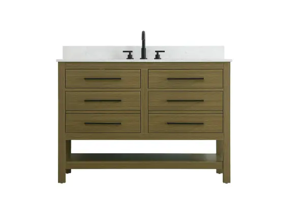 Dimensions
Length: 48"
Width: 22"
Height: 34"
Counter Top Length: 48"
Counter Top Width: 22"
Counter Top Height: 4"
Sink Width: 17.13"
Sink Depth: 11.61"
Sink Height: 7"
Sink Drain Hole Size: 1.75"
Faucet Hole Spacing: 8"3 Holes"
Specifications
Assembly Required: No
Base Material: Solid wood and MDF
Counter Top Edge Style: straight
Counter Top Finish: marble white
Distressed Finish: No
Drain Assembly Included: No
Faucet Included: No
Finish (Color): Chestnut Brown
Vanity Material: Solid Wood and MDF
Hardware Finish: black
Harware Material: Aluminum alloy
Number of Faucet Holes: 3
Number of Sinks: 1
Product Shape: Rectangle
Product Type: Bathroom Vanities
Product Warranty: 1 year limited
Sink Mounting Type: Undermount
Vanity Backsplash: YES
Vanity Mounting Type: Free-Standing
Weight: 193
Wire Included: No
Wood Type: Rubberwood
Shipment type: LTL
US Shipping Cost: $142.00
Drawers
Drawers Included: yes
Number of Drawers: 4
False Drawers: no
Drawer Width: dw1:20.375 dw2:20.375
Drawer Depth: dw1:5.125 dw2:15.625
Drawer Height: dw1:5.375 dw2:11.25
Drawer Handle Designs: Bar pulls
Shelves
Number of Shelves: 1
Shelf Width: 43.25
