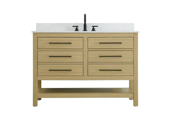 Dimensions
Length: 48"
Width: 22"
Height: 34"
Counter Top Length: 48"
Counter Top Width: 22"
Counter Top Height: 4"
Sink Width: 17.13"
Sink Depth: 11.61"
Sink Height: 7"
Sink Drain Hole Size: 1.75"
Faucet Hole Spacing: 8"3 Holes"
Specifications
Assembly Required: No
Base Material: Solid wood and MDF
Counter Top Edge Style: straight
Counter Top Finish: marble white
Distressed Finish: No
Drain Assembly Included: No
Faucet Included: No
Finish (Color): Honey Brown
Vanity Material: Solid Wood and MDF
Hardware Finish: black
Harware Material: Aluminum alloy
Number of Faucet Holes: 3
Number of Sinks: 1
Product Shape: Rectangle
Product Type: Bathroom Vanities
Product Warranty: 1 year limited
Sink Mounting Type: Undermount
Vanity Backsplash: YES
Vanity Mounting Type: Free-Standing
Weight: 193
Wire Included: No
Wood Type: Rubberwood
Shipment type: LTL
US Shipping Cost: $142.00
Drawers
Drawers Included: yes
Number of Drawers: 4
False Drawers: no
Drawer Width: dw1:20.375 dw2:20.375
Drawer Depth: dw1:5.125 dw2:15.625
Drawer Height: dw1:5.375 dw2:11.25
Drawer Handle Designs: Bar pulls
Shelves
Number of Shelves: 1
Shelf Width: 43.25