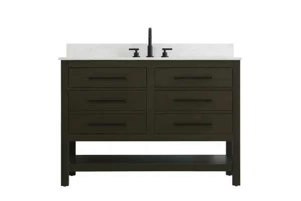 Dimensions
Length: 48"
Width: 22"
Height: 34"
Counter Top Length: 48"
Counter Top Width: 22"
Counter Top Height: 4"
Sink Width: 17.13"
Sink Depth: 11.61"
Sink Height: 7"
Sink Drain Hole Size: 1.75"
Faucet Hole Spacing: 8"3 Holes"
Specifications
Assembly Required: No
Base Material: Solid wood and MDF
Counter Top Edge Style: straight
Counter Top Finish: marble white
Distressed Finish: No
Drain Assembly Included: No
Faucet Included: No
Finish (Color): Mocha Brown
Vanity Material: Solid Wood and MDF
Hardware Finish: black
Harware Material: Aluminum alloy
Number of Faucet Holes: 3
Number of Sinks: 1
Product Shape: Rectangle
Product Type: Bathroom Vanities
Product Warranty: 1 year limited
Sink Mounting Type: Undermount
Vanity Backsplash: YES
Vanity Mounting Type: Free-Standing
Weight: 193
Wire Included: No
Wood Type: Rubberwood
Shipment type: LTL
US Shipping Cost: $142.00
Drawers
Drawers Included: yes
Number of Drawers: 4
False Drawers: no
Drawer Width: dw1:20.375 dw2:20.375
Drawer Depth: dw1:5.125 dw2:15.625
Drawer Height: dw1:5.375 dw2:11.25
Drawer Handle Designs: Bar pulls
Shelves
Number of Shelves: 1
Shelf Width: 43.25