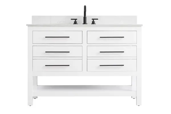 Dimensions
Length: 48"
Width: 22"
Height: 34"
Counter Top Length: 48"
Counter Top Width: 22"
Counter Top Height: 4"
Sink Width: 17.13"
Sink Depth: 11.61"
Sink Height: 7"
Sink Drain Hole Size: 1.75"
Faucet Hole Spacing: 8"3 Holes"
Specifications
Assembly Required: No
Base Material: Solid wood and MDF
Counter Top Edge Style: straight
Counter Top Finish: marble white
Distressed Finish: No
Drain Assembly Included: No
Faucet Included: No
Finish (Color): White
Vanity Material: Solid Wood and MDF
Hardware Finish: black
Harware Material: Aluminum alloy
Number of Faucet Holes: 3
Number of Sinks: 1
Product Shape: Rectangle
Product Type: Bathroom Vanities
Product Warranty: 1 year limited
Sink Mounting Type: Undermount
Vanity Backsplash: YES
Vanity Mounting Type: Free-Standing
Weight: 193
Wire Included: No
Wood Type: Rubberwood
Shipment type: LTL
US Shipping Cost: $142.00
Drawers
Drawers Included: yes
Number of Drawers: 4
False Drawers: no
Drawer Width: dw1:20.375 dw2:20.375
Drawer Depth: dw1:5.125 dw2:15.625
Drawer Height: dw1:5.375 dw2:11.25
Drawer Handle Designs: Bar pulls
Shelves
Number of Shelves: 1
Shelf Width: 43.25