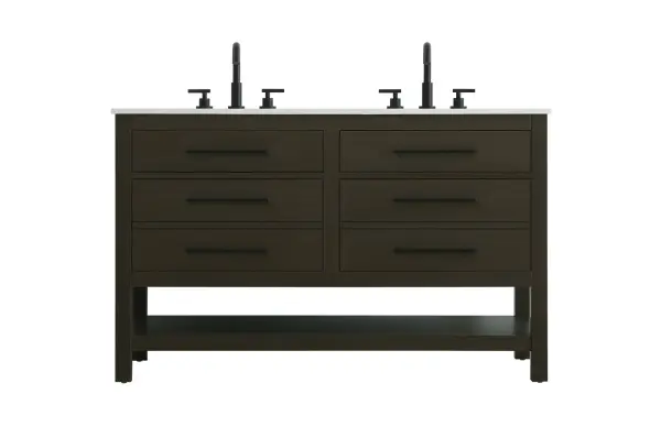 Dimensions
Length: 54"
Width: 22"
Height: 34"
Counter Top Length: 54"
Counter Top Width: 22"
Counter Top Height: 4"
Sink Width: 17.13"
Sink Depth: 11.61"
Sink Height: 7"
Sink Drain Hole Size: 1.75"
Faucet Hole Spacing: 8"3 Holes"
Specifications
Assembly Required: No
Base Material: Solid wood and MDF
Counter Top Edge Style: straight
Counter Top Finish: marble white
Distressed Finish: No
Drain Assembly Included: No
Faucet Included: No
Finish (Color): Mocha Brown
Vanity Material: Solid Wood and MDF
Hardware Finish: black
Harware Material: Aluminum alloy
Number of Faucet Holes: 6
Number of Sinks: 2
Product Shape: Rectangle
Product Type: Bathroom Vanities
Product Warranty: 1 year limited
Sink Mounting Type: Undermount
Vanity Backsplash: NO
Vanity Mounting Type: Free-Standing
209
Wire Included: No
Wood Type: Rubberwood
Shipment type: LTL
US Shipping Cost: $237.00
Drawers
Drawers Included: yes
Number of Drawers: 4
False Drawers: no
Drawer Width: dw1:23.375 dw2:23.375
Drawer Depth: dw1:5.125 dw2:15.625
Drawer Height: dw1:5.375 dw2:11.25
Drawer Handle Designs: Bar pulls
Shelves
Number of Shelves: 1
Shelf Width: 49.25