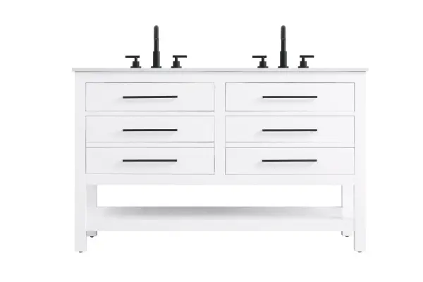 Dimensions
Length: 54"
Width: 22"
Height: 34"
Counter Top Length: 54"
Counter Top Width: 22"
Counter Top Height: 4"
Sink Width: 17.13"
Sink Depth: 11.61"
Sink Height: 7"
Sink Drain Hole Size: 1.75"
Faucet Hole Spacing: 8"3 Holes"
Specifications
Assembly Required: No
Base Material: Solid wood and MDF
Counter Top Edge Style: straight
Counter Top Finish: marble white
Distressed Finish: No
Drain Assembly Included: No
Faucet Included: No
Finish (Color): White
Vanity Material: Solid Wood and MDF
Hardware Finish: black
Harware Material: Aluminum alloy
Number of Faucet Holes: 6
Number of Sinks: 2
Product Shape: Rectangle
Product Type: Bathroom Vanities
Product Warranty: 1 year limited
Sink Mounting Type: Undermount
Vanity Backsplash: NO
Vanity Mounting Type: Free-Standing
209
Wire Included: No
Wood Type: Rubberwood
Shipment type: LTL
US Shipping Cost: $237.00
Drawers
Drawers Included: yes
Number of Drawers: 4
False Drawers: no
Drawer Width: dw1:23.375 dw2:23.375
Drawer Depth: dw1:5.125 dw2:15.625
Drawer Height: dw1:5.375 dw2:11.25
Drawer Handle Designs: Bar pulls
Shelves
Number of Shelves: 1
Shelf Width: 49.25