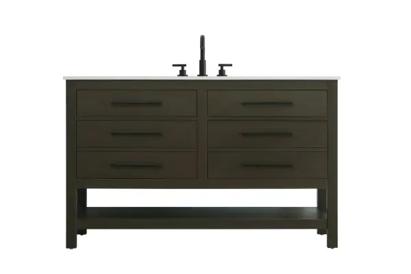 Dimensions
Length: 54"
Width: 22"
Height: 34"
Counter Top Length: 54"
Counter Top Width: 22"
Counter Top Height: 4"
Sink Width: 17.13"
Sink Depth: 11.61"
Sink Height: 7"
Sink Drain Hole Size: 1.75"
Faucet Hole Spacing: 8"3 Holes"
Specifications
Assembly Required: No
Base Material: Solid wood and MDF
Counter Top Edge Style: straight
Counter Top Finish: marble white
Distressed Finish: No
Drain Assembly Included: No
Faucet Included: No
Finish (Color): Mocha Brown
Vanity Material: Solid Wood and MDF
Hardware Finish: black
Harware Material: Aluminum alloy
Number of Faucet Holes: 3
Number of Sinks: 1
Product Shape: Rectangle
Product Type: Bathroom Vanities
Product Warranty: 1 year limited
Sink Mounting Type: Undermount
Vanity Backsplash: NO
Vanity Mounting Type: Free-Standing
211
Wire Included: No
Wood Type: Rubberwood
Shipment type: LTL
US Shipping Cost: $237.00
Drawers
Drawers Included: yes
Number of Drawers: 4
False Drawers: no
Drawer Width: dw1:23.375 dw2:23.375
Drawer Depth: dw1:5.125 dw2:15.625
Drawer Height: dw1:5.375 dw2:11.25
Drawer Handle Designs: Bar pulls
Shelves
Number of Shelves: 1
Shelf Width: 49.25