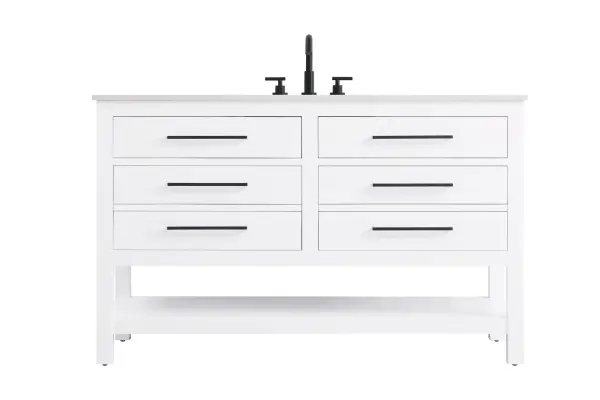 Elevate your bathroom design with this versatile and beautifully crafted bathroom vanity cabinet. The engineered marble top features striking veining, adding a luxurious focal point to your space. Built from premium solid wood and MDF, it ensures long-lasting durability and strength. The porcelain sink, complete with a concealed overflow, offers a seamless and refined finish. Available in four stunning finishes—Chestnut Brown, Honey Brown, Mocha Brown, and White—this vanity suits any interior style. Designed with convenience in mind, it features soft-closing drawers with modern handles and a tip-out drawer for easy access to small essentials, keeping your space tidy. The bottom deep drawer mimics the appearance of two separate drawers, providing ample storage for larger items, while the open shelf at the base offers additional storage space for towels or decor. Fully assembled for your convenience, it includes foot levelers for stability on any surface. For a complete look, pair it with an optional matching backsplash, sold separately. UPC certified for quality assurance, this vanity is the perfect combination of functionality, style, and ease of use. Collection: Karson Rooms: bathroom Finish: White Width: 22.00" Height: 34.00" Length: 54.00" Weight: 191.00 lb Material: Solid wood and MDF Country of Origin: Vietnam Manufacturer Warranty: 1 year limited