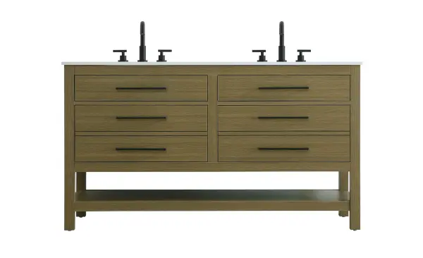 Dimensions
Length: 60"
Width: 22"
Height: 34"
Counter Top Length: 60"
Counter Top Width: 22"
Counter Top Height: 4"
Sink Width: 17.13"
Sink Depth: 11.61"
Sink Height: 7"
Sink Drain Hole Size: 1.75"
Faucet Hole Spacing: 8"3 Holes"
Specifications
Assembly Required: No
Base Material: Solid wood and MDF
Counter Top Edge Style: straight
Counter Top Finish: marble white
Distressed Finish: No
Drain Assembly Included: No
Faucet Included: No
Finish (Color): Chestnut Brown
Vanity Material: Solid Wood and MDF
Hardware Finish: black
Harware Material: Aluminum alloy
Number of Faucet Holes: 6
Number of Sinks: 2
Product Shape: Rectangle
Product Type: Bathroom Vanities
Product Warranty: 1 year limited
Sink Mounting Type: Undermount
Vanity Backsplash: NO
Vanity Mounting Type: Free-Standing
224
Wire Included: No
Wood Type: Rubberwood
Shipment type: LTL
US Shipping Cost: $261.00
Drawers
Drawers Included: yes
Number of Drawers: 4
False Drawers: no
Drawer Width: dw1:26.375 dw2:26.375
Drawer Depth: dw1:5.125 dw2:15.625
Drawer Height: dw1:5.375 dw2:11.25
Drawer Handle Designs: Bar pulls
Shelves
Number of Shelves: 1
Shelf Width: 55.25