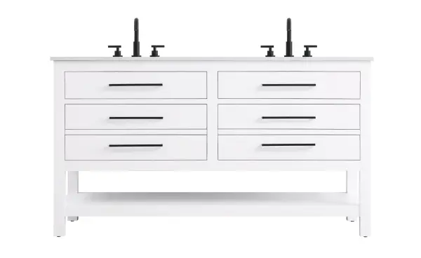 Dimensions
Length: 60"
Width: 22"
Height: 34"
Counter Top Length: 60"
Counter Top Width: 22"
Counter Top Height: 4"
Sink Width: 17.13"
Sink Depth: 11.61"
Sink Height: 7"
Sink Drain Hole Size: 1.75"
Faucet Hole Spacing: 8"3 Holes"
Specifications
Assembly Required: No
Base Material: Solid wood and MDF
Counter Top Edge Style: straight
Counter Top Finish: marble white
Distressed Finish: No
Drain Assembly Included: No
Faucet Included: No
Finish (Color): White
Vanity Material: Solid Wood and MDF
Hardware Finish: black
Harware Material: Aluminum alloy
Number of Faucet Holes: 6
Number of Sinks: 2
Product Shape: Rectangle
Product Type: Bathroom Vanities
Product Warranty: 1 year limited
Sink Mounting Type: Undermount
Vanity Backsplash: NO
Vanity Mounting Type: Free-Standing
224
Wire Included: No
Wood Type: Rubberwood
Shipment type: LTL
US Shipping Cost: $261.00
Drawers
Drawers Included: yes
Number of Drawers: 4
False Drawers: no
Drawer Width: dw1:26.375 dw2:26.375
Drawer Depth: dw1:5.125 dw2:15.625
Drawer Height: dw1:5.375 dw2:11.25
Drawer Handle Designs: Bar pulls
Shelves
Number of Shelves: 1
Shelf Width: 55.25