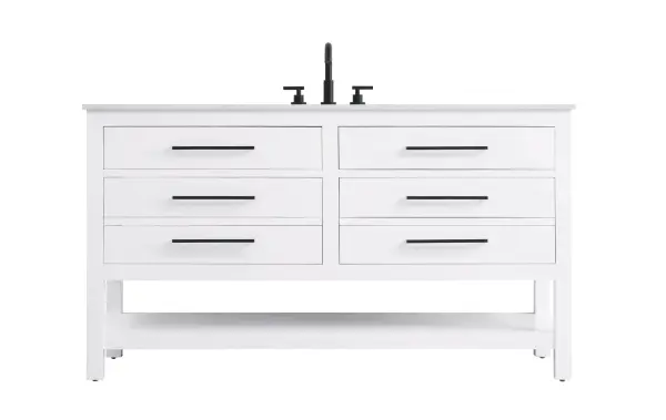 Elevate your bathroom design with this versatile and beautifully crafted bathroom vanity cabinet. The engineered marble top features striking veining, adding a luxurious focal point to your space. Built from premium solid wood and MDF, it ensures long-lasting durability and strength. The porcelain sink, complete with a concealed overflow, offers a seamless and refined finish. Available in four stunning finishes—Chestnut Brown, Honey Brown, Mocha Brown, and White—this vanity suits any interior style. Designed with convenience in mind, it features soft-closing drawers with modern handles and a tip-out drawer for easy access to small essentials, keeping your space tidy. The bottom deep drawer mimics the appearance of two separate drawers, providing ample storage for larger items, while the open shelf at the base offers additional storage space for towels or decor. Fully assembled for your convenience, it includes foot levelers for stability on any surface. For a complete look, pair it with an optional matching backsplash, sold separately. UPC certified for quality assurance, this vanity is the perfect combination of functionality, style, and ease of use. Collection: Karson Rooms: bathroom Finish: White Width: 22.00" Height: 34.00" Length: 60.00" Weight: 205.00 lb Material: Solid wood and MDF Country of Origin: Vietnam Manufacturer Warranty: 1 year limited