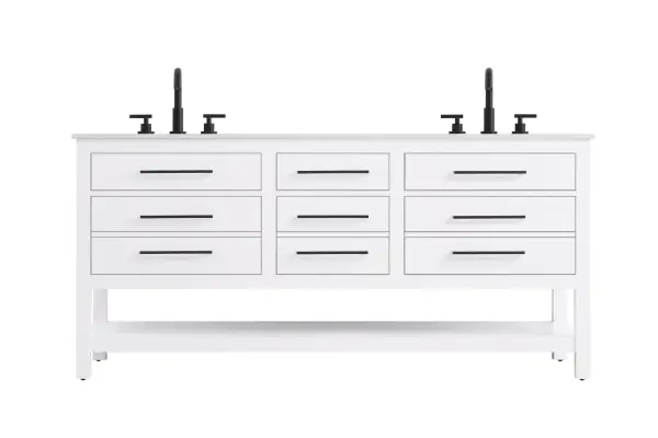 Dimensions
Length: 72"
Width: 22"
Height: 34"
Counter Top Length: 72"
Counter Top Width: 22"
Counter Top Height: 4"
Sink Width: 17.13"
Sink Depth: 11.61"
Sink Height: 7"
Sink Drain Hole Size: 1.75"
Faucet Hole Spacing: 8"3 Holes"
Specifications
Assembly Required: No
Base Material: Solid wood and MDF
Counter Top Edge Style: straight
Counter Top Finish: marble white
Distressed Finish: No
Drain Assembly Included: No
Faucet Included: No
Finish (Color): White
Vanity Material: Solid Wood and MDF
Hardware Finish: black
Harware Material: Aluminum alloy
Number of Faucet Holes: 6
Number of Sinks: 2
Product Shape: Rectangle
Product Type: Bathroom Vanities
Product Warranty: 1 year limited
Sink Mounting Type: Undermount
Vanity Backsplash: NO
Vanity Mounting Type: Free-Standing
308
Wire Included: No
Wood Type: Rubberwood
Shipment type: LTL
US Shipping Cost: $309.00
Drawers
Drawers Included: yes
Number of Drawers: 6
False Drawers: no
Drawer Width: dw1:23.375 dw2:23.375 dw3:15.75 dw4:15.75
Drawer Depth: dw1:5.125 dw2:15.625 dw3:15.625 dw4:15.625
Drawer Height: dw1:5.375 dw2:11.25
Drawer Handle Designs: Bar pulls
Shelves
Number of Shelves: 1
Shelf Width: 67.25