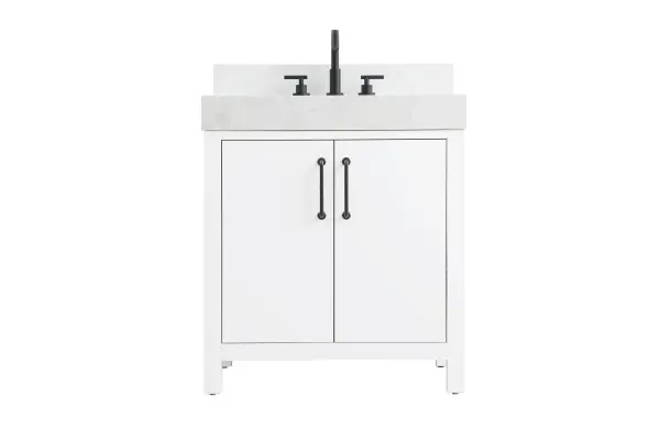 Dimensions
Length: 30"
Width: 22"
Height: 34"
Counter Top Length: 30"
Counter Top Width: 22"
Counter Top Height: 4"
Sink Width: 17.13"
Sink Depth: 11.61"
Sink Height: 7"
Sink Drain Hole Size: 1.75"
Faucet Hole Spacing: 8"3 Holes"
Specifications
Assembly Required: No
Base Material: Solid wood and MDF
Counter Top Edge Style: straight
Counter Top Finish: marble white
Distressed Finish: No
Drain Assembly Included: No
Faucet Included: No
Finish (Color): White
Vanity Material: Solid Wood and MDF
Hardware Finish: black
Harware Material: Aluminum alloy
Number of Faucet Holes: 3
Number of Sinks: 1
Product Shape: Rectangle
Product Type: Bathroom Vanities
Product Warranty: 1 year limited
Sink Mounting Type: Undermount
Vanity Backsplash: YES
Vanity Mounting Type: Free-Standing
Weight: 140
Wire Included: No
Wood Type: Rubber wood
Shipment type: LTL
US Shipping Cost: $142.00
Drawers
Drawers Included: No
False Drawers: no
Drawer Handle Designs: Bar pulls
Shelves
Number of Shelves: 1
Shelf Width: 25.75
Cabinets
Number of Cabinets: 1
Cabinet Interior Width: 25.75
Cabinet Interior Depth: 17.875
Cabinet Interior Height: 22.375