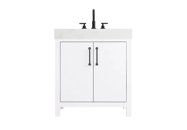 Dimensions
Length: 30"
Width: 22"
Height: 34"
Counter Top Length: 30"
Counter Top Width: 22"
Counter Top Height: 4"
Sink Width: 17.13"
Sink Depth: 11.61"
Sink Height: 7"
Sink Drain Hole Size: 1.75"
Faucet Hole Spacing: 8"3 Holes"
Specifications
Assembly Required: No
Base Material: Solid wood and MDF
Counter Top Edge Style: straight
Counter Top Finish: marble white
Distressed Finish: No
Drain Assembly Included: No
Faucet Included: No
Faucet Type: Widespread
Finish (Color): White
Vanity Material: Solid Wood and MDF
Hardware Finish: black
Harware Material: Aluminum alloy
Number of Faucet Holes: 3
Number of Sinks: 1
Product Shape: Rectangle
Product Type: Bathroom Vanities
Product Warranty: 1 year limited
Sink Mounting Type: Undermount
Vanity Backsplash: NO
Vanity Mounting Type: Free-Standing
150
Wire Included: No
Wood Type: Rubber wood
Shipment type: LTL
US Shipping Cost: $142.00
Drawers
Drawers Included: No
False Drawers: no
Drawer Handle Designs: Bar pulls
Shelves
Number of Shelves: 1
Shelf Width: 25.75
Cabinets
Number of Cabinets: 1
Cabinet Interior Width: 25.75
Cabinet Interior Depth: 17.875
Cabinet Interior Height: 22.375