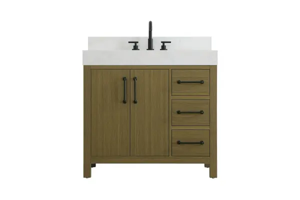Dimensions
Length: 36"
Width: 22"
Height: 34"
Counter Top Length: 36"
Counter Top Width: 22"
Counter Top Height: 4"
Sink Width: 17.13"
Sink Depth: 11.61"
Sink Height: 7"
Sink Drain Hole Size: 1.75"
Faucet Hole Spacing: 8"3 Holes"
Specifications
Assembly Required: No
Base Material: Solid wood and MDF
Counter Top Edge Style: straight
Counter Top Finish: marble white
Distressed Finish: No
Drain Assembly Included: No
Faucet Included: No
Finish (Color): Chestnut Brown
Vanity Material: Solid Wood and MDF
Hardware Finish: black
Harware Material: Aluminum alloy
Number of Faucet Holes: 3
Number of Sinks: 1
Product Shape: Rectangle
Product Type: Bathroom Vanities
Product Warranty: 1 year limited
Sink Mounting Type: Undermount
Vanity Backsplash: YES
Vanity Mounting Type: Free-Standing
Weight: 184
Wire Included: No
Wood Type: Rubber wood
Shipment type: LTL
US Shipping Cost: $142.00
Drawers
Drawers Included: yes
Number of Drawers: 3
False Drawers: no
Drawer Width: 10
Drawer Depth: 15.125
Drawer Height: 7.125
Drawer Handle Designs: Bar pulls
Shelves
Number of Shelves: 1
Shelf Width: 21
Cabinets
Number of Cabinets: 1
Cabinet Interior Width: 21
Cabinet Interior Depth: 17.875
Cabinet Interior Height: 22.375