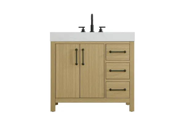 Dimensions
Length: 36"
Width: 22"
Height: 34"
Counter Top Length: 36"
Counter Top Width: 22"
Counter Top Height: 4"
Sink Width: 17.13"
Sink Depth: 11.61"
Sink Height: 7"
Sink Drain Hole Size: 1.75"
Faucet Hole Spacing: 8"3 Holes"
Specifications
Assembly Required: No
Base Material: Solid wood and MDF
Counter Top Edge Style: straight
Counter Top Finish: marble white
Distressed Finish: No
Drain Assembly Included: No
Faucet Included: No
Faucet Type: Widespread
Finish (Color): Honey Brown
Vanity Material: Solid Wood and MDF
Hardware Finish: black
Harware Material: Aluminum alloy
Number of Faucet Holes: 3
Number of Sinks: 1
Product Shape: Rectangle
Product Type: Bathroom Vanities
Product Warranty: 1 year limited
Sink Mounting Type: Undermount
Vanity Backsplash: NO
Vanity Mounting Type: Free-Standing
189
Wire Included: No
Wood Type: Rubber wood
Shipment type: LTL
US Shipping Cost: $165.00
Drawers
Drawers Included: yes
Number of Drawers: 3
False Drawers: no
Drawer Width: 10
Drawer Depth: 15.125
Drawer Height: 7.125
Drawer Handle Designs: Bar pulls
Shelves
Number of Shelves: 1
Shelf Width: 21
Cabinets
Number of Cabinets: 1
Cabinet Interior Width: 21
Cabinet Interior Depth: 17.875
Cabinet Interior Height: 22.375