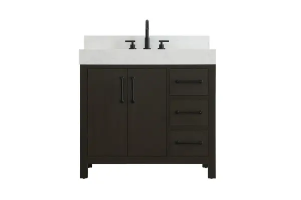 Dimensions
Length: 36"
Width: 22"
Height: 34"
Counter Top Length: 36"
Counter Top Width: 22"
Counter Top Height: 4"
Sink Width: 17.13"
Sink Depth: 11.61"
Sink Height: 7"
Sink Drain Hole Size: 1.75"
Faucet Hole Spacing: 8"3 Holes"
Specifications
Assembly Required: No
Base Material: Solid wood and MDF
Counter Top Edge Style: straight
Counter Top Finish: marble white
Distressed Finish: No
Drain Assembly Included: No
Faucet Included: No
Finish (Color): Mocha Brown
Vanity Material: Solid Wood and MDF
Hardware Finish: black
Harware Material: Aluminum alloy
Number of Faucet Holes: 3
Number of Sinks: 1
Product Shape: Rectangle
Product Type: Bathroom Vanities
Product Warranty: 1 year limited
Sink Mounting Type: Undermount
Vanity Backsplash: YES
Vanity Mounting Type: Free-Standing
Weight: 184
Wire Included: No
Wood Type: Rubber wood
Shipment type: LTL
US Shipping Cost: $142.00
Drawers
Drawers Included: yes
Number of Drawers: 3
False Drawers: no
Drawer Width: 10
Drawer Depth: 15.125
Drawer Height: 7.125
Drawer Handle Designs: Bar pulls
Shelves
Number of Shelves: 1
Shelf Width: 21
Cabinets
Number of Cabinets: 1
Cabinet Interior Width: 21
Cabinet Interior Depth: 17.875
Cabinet Interior Height: 22.375
