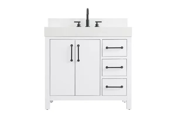 Dimensions
Length: 36"
Width: 22"
Height: 34"
Counter Top Length: 36"
Counter Top Width: 22"
Counter Top Height: 4"
Sink Width: 17.13"
Sink Depth: 11.61"
Sink Height: 7"
Sink Drain Hole Size: 1.75"
Faucet Hole Spacing: 8"3 Holes"
Specifications
Assembly Required: No
Base Material: Solid wood and MDF
Counter Top Edge Style: straight
Counter Top Finish: marble white
Distressed Finish: No
Drain Assembly Included: No
Faucet Included: No
Finish (Color): White
Vanity Material: Solid Wood and MDF
Hardware Finish: black
Harware Material: Aluminum alloy
Number of Faucet Holes: 3
Number of Sinks: 1
Product Shape: Rectangle
Product Type: Bathroom Vanities
Product Warranty: 1 year limited
Sink Mounting Type: Undermount
Vanity Backsplash: YES
Vanity Mounting Type: Free-Standing
Weight: 184
Wire Included: No
Wood Type: Rubber wood
Shipment type: LTL
US Shipping Cost: $142.00
Drawers
Drawers Included: yes
Number of Drawers: 3
False Drawers: no
Drawer Width: 10
Drawer Depth: 15.125
Drawer Height: 7.125
Drawer Handle Designs: Bar pulls
Shelves
Number of Shelves: 1
Shelf Width: 21
Cabinets
Number of Cabinets: 1
Cabinet Interior Width: 21
Cabinet Interior Depth: 17.875
Cabinet Interior Height: 22.375