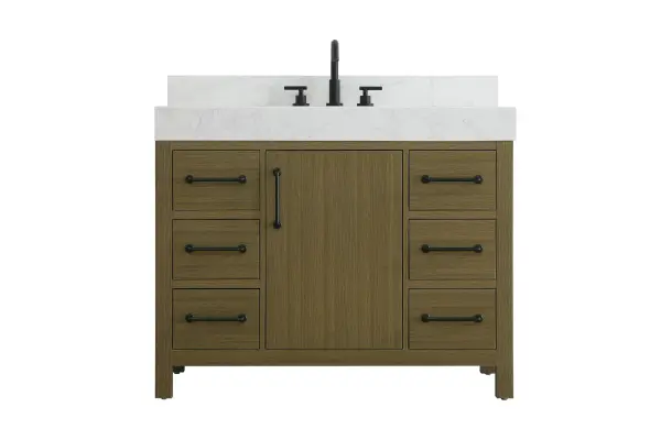 Dimensions
Length: 42"
Width: 22"
Height: 34"
Counter Top Length: 42"
Counter Top Width: 22"
Counter Top Height: 4"
Sink Width: 17.13"
Sink Depth: 11.61"
Sink Height: 7"
Sink Drain Hole Size: 1.75"
Faucet Hole Spacing: 8"3 Holes"
Specifications
Assembly Required: No
Base Material: Solid wood and MDF
Counter Top Edge Style: straight
Counter Top Finish: marble white
Distressed Finish: No
Drain Assembly Included: No
Faucet Included: No
Finish (Color): Chestnut Brown
Vanity Material: Solid Wood and MDF
Hardware Finish: black
Harware Material: Aluminum alloy
Number of Faucet Holes: 3
Number of Sinks: 1
Product Shape: Rectangle
Product Type: Bathroom Vanities
Product Warranty: 1 year limited
Sink Mounting Type: Undermount
Vanity Backsplash: YES
Vanity Mounting Type: Free-Standing
Weight: 224
Wire Included: No
Wood Type: Rubber wood
Shipment type: LTL
US Shipping Cost: $142.00
Drawers
Drawers Included: yes
Number of Drawers: 6
False Drawers: no
Drawer Width: 10
Drawer Depth: 15.125
Drawer Height: 7.125
Drawer Handle Designs: Bar pulls
Shelves
Number of Shelves: 1
Shelf Width: 16.375
Cabinets
Number of Cabinets: 1
Cabinet Interior Width: 16.375
Cabinet Interior Depth: 17.875
Cabinet Interior Height: 22.375
