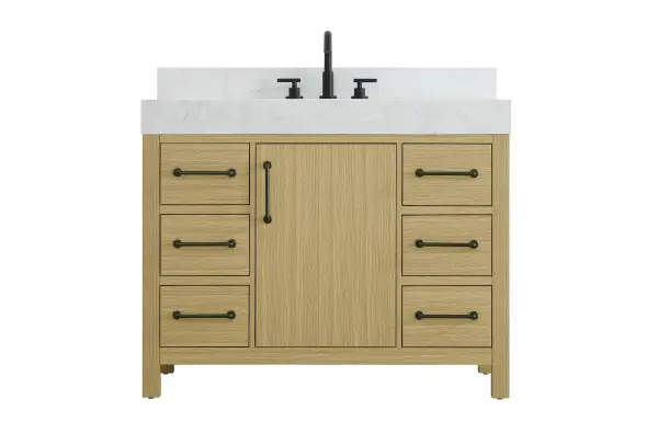 Dimensions
Length: 42"
Width: 22"
Height: 34"
Counter Top Length: 42"
Counter Top Width: 22"
Counter Top Height: 4"
Sink Width: 17.13"
Sink Depth: 11.61"
Sink Height: 7"
Sink Drain Hole Size: 1.75"
Faucet Hole Spacing: 8"3 Holes"
Specifications
Assembly Required: No
Base Material: Solid wood and MDF
Counter Top Edge Style: straight
Counter Top Finish: marble white
Distressed Finish: No
Drain Assembly Included: No
Faucet Included: No
Finish (Color): Honey Brown
Vanity Material: Solid Wood and MDF
Hardware Finish: black
Harware Material: Aluminum alloy
Number of Faucet Holes: 3
Number of Sinks: 1
Product Shape: Rectangle
Product Type: Bathroom Vanities
Product Warranty: 1 year limited
Sink Mounting Type: Undermount
Vanity Backsplash: YES
Vanity Mounting Type: Free-Standing
Weight: 224
Wire Included: No
Wood Type: Rubber wood
Shipment type: LTL
US Shipping Cost: $142.00
Drawers
Drawers Included: yes
Number of Drawers: 6
False Drawers: no
Drawer Width: 10
Drawer Depth: 15.125
Drawer Height: 7.125
Drawer Handle Designs: Bar pulls
Shelves
Number of Shelves: 1
Shelf Width: 16.375
Cabinets
Number of Cabinets: 1
Cabinet Interior Width: 16.375
Cabinet Interior Depth: 17.875
Cabinet Interior Height: 22.375