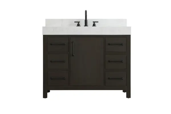 Dimensions
Length: 42"
Width: 22"
Height: 34"
Counter Top Length: 42"
Counter Top Width: 22"
Counter Top Height: 4"
Sink Width: 17.13"
Sink Depth: 11.61"
Sink Height: 7"
Sink Drain Hole Size: 1.75"
Faucet Hole Spacing: 8"3 Holes"
Specifications
Assembly Required: No
Base Material: Solid wood and MDF
Counter Top Edge Style: straight
Counter Top Finish: marble white
Distressed Finish: No
Drain Assembly Included: No
Faucet Included: No
Finish (Color): Mocha Brown
Vanity Material: Solid Wood and MDF
Hardware Finish: black
Harware Material: Aluminum alloy
Number of Faucet Holes: 3
Number of Sinks: 1
Product Shape: Rectangle
Product Type: Bathroom Vanities
Product Warranty: 1 year limited
Sink Mounting Type: Undermount
Vanity Backsplash: YES
Vanity Mounting Type: Free-Standing
Weight: 224
Wire Included: No
Wood Type: Rubber wood
Shipment type: LTL
US Shipping Cost: $142.00
Drawers
Drawers Included: yes
Number of Drawers: 6
False Drawers: no
Drawer Width: 10
Drawer Depth: 15.125
Drawer Height: 7.125
Drawer Handle Designs: Bar pulls
Shelves
Number of Shelves: 1
Shelf Width: 16.375
Cabinets
Number of Cabinets: 1
Cabinet Interior Width: 16.375
Cabinet Interior Depth: 17.875
Cabinet Interior Height: 22.375