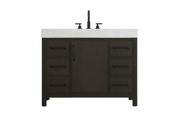 Dimensions
Length: 42"
Width: 22"
Height: 34"
Counter Top Length: 42"
Counter Top Width: 22"
Counter Top Height: 4"
Sink Width: 17.13"
Sink Depth: 11.61"
Sink Height: 7"
Sink Drain Hole Size: 1.75"
Faucet Hole Spacing: 8"3 Holes"
Specifications
Assembly Required: No
Base Material: Solid wood and MDF
Counter Top Edge Style: straight
Counter Top Finish: marble white
Distressed Finish: No
Drain Assembly Included: No
Faucet Included: No
Faucet Type: Widespread
Finish (Color): Mocha Brown
Vanity Material: Solid Wood and MDF
Hardware Finish: black
Harware Material: Aluminum alloy
Number of Faucet Holes: 3
Number of Sinks: 1
Product Shape: Rectangle
Product Type: Bathroom Vanities
Product Warranty: 1 year limited
Sink Mounting Type: Undermount
Vanity Backsplash: NO
Vanity Mounting Type: Free-Standing
229
Wire Included: No
Wood Type: Rubber wood
Shipment type: LTL
US Shipping Cost: $189.00
Drawers
Drawers Included: yes
Number of Drawers: 6
False Drawers: no
Drawer Width: 10
Drawer Depth: 15.125
Drawer Height: 7.125
Drawer Handle Designs: Bar pulls
Shelves
Number of Shelves: 1
Shelf Width: 16.375
Cabinets
Number of Cabinets: 1
Cabinet Interior Width: 16.375
Cabinet Interior Depth: 17.875
Cabinet Interior Height: 22.375