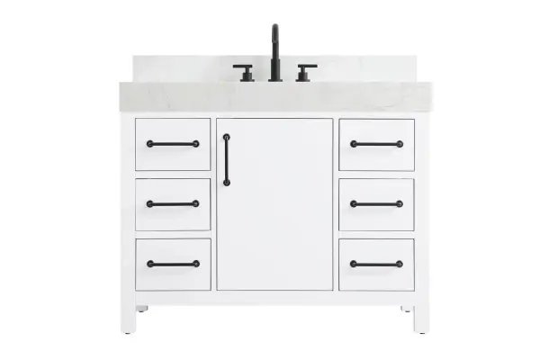 Dimensions
Length: 42"
Width: 22"
Height: 34"
Counter Top Length: 42"
Counter Top Width: 22"
Counter Top Height: 4"
Sink Width: 17.13"
Sink Depth: 11.61"
Sink Height: 7"
Sink Drain Hole Size: 1.75"
Faucet Hole Spacing: 8"3 Holes"
Specifications
Assembly Required: No
Base Material: Solid wood and MDF
Counter Top Edge Style: straight
Counter Top Finish: marble white
Distressed Finish: No
Drain Assembly Included: No
Faucet Included: No
Finish (Color): White
Vanity Material: Solid Wood and MDF
Hardware Finish: black
Harware Material: Aluminum alloy
Number of Faucet Holes: 3
Number of Sinks: 1
Product Shape: Rectangle
Product Type: Bathroom Vanities
Product Warranty: 1 year limited
Sink Mounting Type: Undermount
Vanity Backsplash: YES
Vanity Mounting Type: Free-Standing
Weight: 224
Wire Included: No
Wood Type: Rubber wood
Shipment type: LTL
US Shipping Cost: $142.00
Drawers
Drawers Included: yes
Number of Drawers: 6
False Drawers: no
Drawer Width: 10
Drawer Depth: 15.125
Drawer Height: 7.125
Drawer Handle Designs: Bar pulls
Shelves
Number of Shelves: 1
Shelf Width: 16.375
Cabinets
Number of Cabinets: 1
Cabinet Interior Width: 16.375
Cabinet Interior Depth: 17.875
Cabinet Interior Height: 22.375