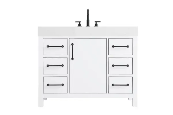 Dimensions
Length: 42"
Width: 22"
Height: 34"
Counter Top Length: 42"
Counter Top Width: 22"
Counter Top Height: 4"
Sink Width: 17.13"
Sink Depth: 11.61"
Sink Height: 7"
Sink Drain Hole Size: 1.75"
Faucet Hole Spacing: 8"3 Holes"
Specifications
Assembly Required: No
Base Material: Solid wood and MDF
Counter Top Edge Style: straight
Counter Top Finish: marble white
Distressed Finish: No
Drain Assembly Included: No
Faucet Included: No
Faucet Type: Widespread
Finish (Color): White
Vanity Material: Solid Wood and MDF
Hardware Finish: black
Harware Material: Aluminum alloy
Number of Faucet Holes: 3
Number of Sinks: 1
Product Shape: Rectangle
Product Type: Bathroom Vanities
Product Warranty: 1 year limited
Sink Mounting Type: Undermount
Vanity Backsplash: NO
Vanity Mounting Type: Free-Standing
229
Wire Included: No
Wood Type: Rubber wood
Shipment type: LTL
US Shipping Cost: $189.00
Drawers
Drawers Included: yes
Number of Drawers: 6
False Drawers: no
Drawer Width: 10
Drawer Depth: 15.125
Drawer Height: 7.125
Drawer Handle Designs: Bar pulls
Shelves
Number of Shelves: 1
Shelf Width: 16.375
Cabinets
Number of Cabinets: 1
Cabinet Interior Width: 16.375
Cabinet Interior Depth: 17.875
Cabinet Interior Height: 22.375