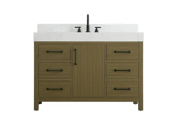 Dimensions
Length: 48"
Width: 22"
Height: 34"
Counter Top Length: 48"
Counter Top Width: 22"
Counter Top Height: 4"
Sink Width: 17.13"
Sink Depth: 11.61"
Sink Height: 7"
Sink Drain Hole Size: 1.75"
Faucet Hole Spacing: 8"3 Holes"
Specifications
Assembly Required: No
Base Material: Solid wood and MDF
Counter Top Edge Style: straight
Counter Top Finish: marble white
Distressed Finish: No
Drain Assembly Included: No
Faucet Included: No
Finish (Color): Chestnut Brown
Vanity Material: Solid Wood and MDF
Hardware Finish: black
Harware Material: Aluminum alloy
Number of Faucet Holes: 3
Number of Sinks: 1
Product Shape: Rectangle
Product Type: Bathroom Vanities
Product Warranty: 1 year limited
Sink Mounting Type: Undermount
Vanity Backsplash: YES
Vanity Mounting Type: Free-Standing
Weight: 262
Wire Included: No
Wood Type: Rubber wood
Shipment type: LTL
US Shipping Cost: $142.00
Drawers
Drawers Included: yes
Number of Drawers: 6
False Drawers: no
Drawer Width: 13.875
Drawer Depth: 15.125
Drawer Height: 7.125
Drawer Handle Designs: Bar pulls
Shelves
Number of Shelves: 1
Shelf Width: 14.625
Cabinets
Number of Cabinets: 1
Cabinet Interior Width: 14.625
Cabinet Interior Depth: 17.875
Cabinet Interior Height: 22.375