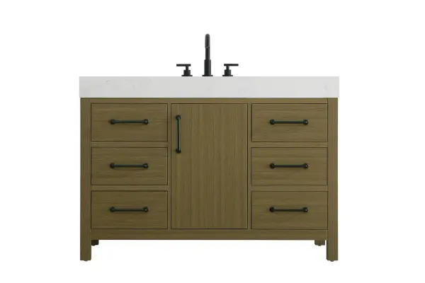 Dimensions
Length: 48"
Width: 22"
Height: 34"
Counter Top Length: 48"
Counter Top Width: 22"
Counter Top Height: 4"
Sink Width: 17.13"
Sink Depth: 11.61"
Sink Height: 7"
Sink Drain Hole Size: 1.75"
Faucet Hole Spacing: 8"3 Holes"
Specifications
Assembly Required: No
Base Material: Solid wood and MDF
Counter Top Edge Style: straight
Counter Top Finish: marble white
Distressed Finish: No
Drain Assembly Included: No
Faucet Included: No
Faucet Type: Widespread
Finish (Color): Chestnut Brown
Vanity Material: Solid Wood and MDF
Hardware Finish: black
Harware Material: Aluminum alloy
Number of Faucet Holes: 3
Number of Sinks: 1
Product Shape: Rectangle
Product Type: Bathroom Vanities
Product Warranty: 1 year limited
Sink Mounting Type: Undermount
Vanity Backsplash: NO
Vanity Mounting Type: Free-Standing
266
Wire Included: No
Wood Type: Rubber wood
Shipment type: LTL
US Shipping Cost: $213.00
Drawers
Drawers Included: yes
Number of Drawers: 6
False Drawers: no
Drawer Width: 13.875
Drawer Depth: 15.125
Drawer Height: 7.125
Drawer Handle Designs: Bar pulls
Shelves
Number of Shelves: 1
Shelf Width: 14.625
Cabinets
Number of Cabinets: 1
Cabinet Interior Width: 14.625
Cabinet Interior Depth: 17.875
Cabinet Interior Height: 22.375