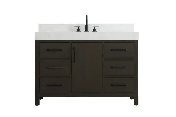 Dimensions
Length: 48"
Width: 22"
Height: 34"
Counter Top Length: 48"
Counter Top Width: 22"
Counter Top Height: 4"
Sink Width: 17.13"
Sink Depth: 11.61"
Sink Height: 7"
Sink Drain Hole Size: 1.75"
Faucet Hole Spacing: 8"3 Holes"
Specifications
Assembly Required: No
Base Material: Solid wood and MDF
Counter Top Edge Style: straight
Counter Top Finish: marble white
Distressed Finish: No
Drain Assembly Included: No
Faucet Included: No
Finish (Color): Mocha Brown
Vanity Material: Solid Wood and MDF
Hardware Finish: black
Harware Material: Aluminum alloy
Number of Faucet Holes: 3
Number of Sinks: 1
Product Shape: Rectangle
Product Type: Bathroom Vanities
Product Warranty: 1 year limited
Sink Mounting Type: Undermount
Vanity Backsplash: YES
Vanity Mounting Type: Free-Standing
Weight: 262
Wire Included: No
Wood Type: Rubber wood
Shipment type: LTL
US Shipping Cost: $142.00
Drawers
Drawers Included: yes
Number of Drawers: 6
False Drawers: no
Drawer Width: 13.875
Drawer Depth: 15.125
Drawer Height: 7.125
Drawer Handle Designs: Bar pulls
Shelves
Number of Shelves: 1
Shelf Width: 14.625
Cabinets
Number of Cabinets: 1
Cabinet Interior Width: 14.625
Cabinet Interior Depth: 17.875
Cabinet Interior Height: 22.375