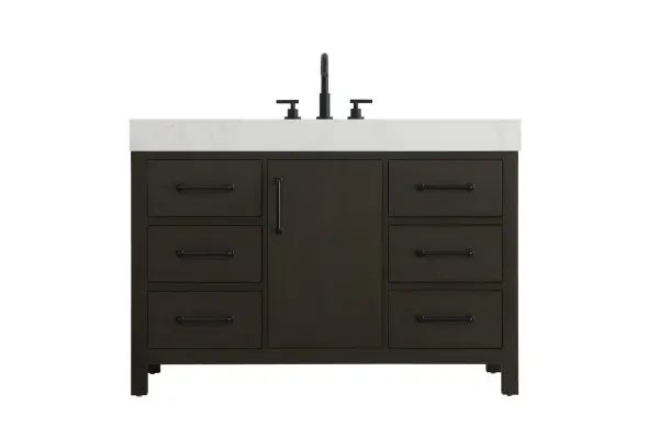 Dimensions
Length: 48"
Width: 22"
Height: 34"
Counter Top Length: 48"
Counter Top Width: 22"
Counter Top Height: 4"
Sink Width: 17.13"
Sink Depth: 11.61"
Sink Height: 7"
Sink Drain Hole Size: 1.75"
Faucet Hole Spacing: 8"3 Holes"
Specifications
Assembly Required: No
Base Material: Solid wood and MDF
Counter Top Edge Style: straight
Counter Top Finish: marble white
Distressed Finish: No
Drain Assembly Included: No
Faucet Included: No
Faucet Type: Widespread
Finish (Color): Mocha Brown
Vanity Material: Solid Wood and MDF
Hardware Finish: black
Harware Material: Aluminum alloy
Number of Faucet Holes: 3
Number of Sinks: 1
Product Shape: Rectangle
Product Type: Bathroom Vanities
Product Warranty: 1 year limited
Sink Mounting Type: Undermount
Vanity Backsplash: NO
Vanity Mounting Type: Free-Standing
266
Wire Included: No
Wood Type: Rubber wood
Shipment type: LTL
US Shipping Cost: $213.00
Drawers
Drawers Included: yes
Number of Drawers: 6
False Drawers: no
Drawer Width: 13.875
Drawer Depth: 15.125
Drawer Height: 7.125
Drawer Handle Designs: Bar pulls
Shelves
Number of Shelves: 1
Shelf Width: 14.625
Cabinets
Number of Cabinets: 1
Cabinet Interior Width: 14.625
Cabinet Interior Depth: 17.875
Cabinet Interior Height: 22.375