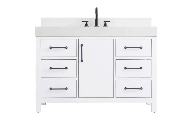 Dimensions
Length: 48"
Width: 22"
Height: 34"
Counter Top Length: 48"
Counter Top Width: 22"
Counter Top Height: 4"
Sink Width: 17.13"
Sink Depth: 11.61"
Sink Height: 7"
Sink Drain Hole Size: 1.75"
Faucet Hole Spacing: 8"3 Holes"
Specifications
Assembly Required: No
Base Material: Solid wood and MDF
Counter Top Edge Style: straight
Counter Top Finish: marble white
Distressed Finish: No
Drain Assembly Included: No
Faucet Included: No
Finish (Color): White
Vanity Material: Solid Wood and MDF
Hardware Finish: black
Harware Material: Aluminum alloy
Number of Faucet Holes: 3
Number of Sinks: 1
Product Shape: Rectangle
Product Type: Bathroom Vanities
Product Warranty: 1 year limited
Sink Mounting Type: Undermount
Vanity Backsplash: YES
Vanity Mounting Type: Free-Standing
Weight: 262
Wire Included: No
Wood Type: Rubber wood
Shipment type: LTL
US Shipping Cost: $142.00
Drawers
Drawers Included: yes
Number of Drawers: 6
False Drawers: no
Drawer Width: 13.875
Drawer Depth: 15.125
Drawer Height: 7.125
Drawer Handle Designs: Bar pulls
Shelves
Number of Shelves: 1
Shelf Width: 14.625
Cabinets
Number of Cabinets: 1
Cabinet Interior Width: 14.625
Cabinet Interior Depth: 17.875
Cabinet Interior Height: 22.375