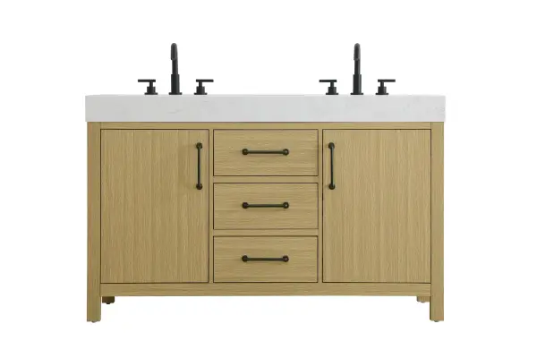 Dimensions
Length: 54"
Width: 22"
Height: 34"
Counter Top Length: 54"
Counter Top Width: 22"
Counter Top Height: 4"
Sink Width: 17.13"
Sink Depth: 11.61"
Sink Height: 7"
Sink Drain Hole Size: 1.75"
Faucet Hole Spacing: 8"3 Holes"
Specifications
Assembly Required: No
Base Material: Solid wood and MDF
Counter Top Edge Style: straight
Counter Top Finish: marble white
Distressed Finish: No
Drain Assembly Included: No
Faucet Included: No
Finish (Color): Honey Brown
Vanity Material: Solid Wood and MDF
Hardware Finish: black
Harware Material: Aluminum alloy
Number of Faucet Holes: 6
Number of Sinks: 2
Product Shape: Rectangle
Product Type: Bathroom Vanities
Product Warranty: 1 year limited
Sink Mounting Type: Undermount
Vanity Backsplash: NO
Vanity Mounting Type: Free-Standing
246
Wire Included: No
Wood Type: Rubber wood
Shipment type: LTL
US Shipping Cost: $237.00
Drawers
Drawers Included: yes
Number of Drawers: 3
False Drawers: no
Drawer Width: 15.875
Drawer Depth: 15.125
Drawer Height: 7.125
Drawer Handle Designs: Bar pulls
Shelves
Number of Shelves: 2
Shelf Width: 16.5
Cabinets
Number of Cabinets: 2
Cabinet Interior Width: 16.5
Cabinet Interior Depth: 17.875
Cabinet Interior Height: 22.375