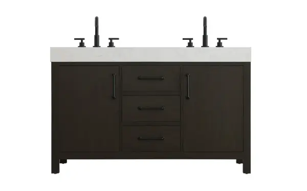 Dimensions
Length: 54"
Width: 22"
Height: 34"
Counter Top Length: 54"
Counter Top Width: 22"
Counter Top Height: 4"
Sink Width: 17.13"
Sink Depth: 11.61"
Sink Height: 7"
Sink Drain Hole Size: 1.75"
Faucet Hole Spacing: 8"3 Holes"
Specifications
Assembly Required: No
Base Material: Solid wood and MDF
Counter Top Edge Style: straight
Counter Top Finish: marble white
Distressed Finish: No
Drain Assembly Included: No
Faucet Included: No
Finish (Color): Mocha Brown
Vanity Material: Solid Wood and MDF
Hardware Finish: black
Harware Material: Aluminum alloy
Number of Faucet Holes: 6
Number of Sinks: 2
Product Shape: Rectangle
Product Type: Bathroom Vanities
Product Warranty: 1 year limited
Sink Mounting Type: Undermount
Vanity Backsplash: NO
Vanity Mounting Type: Free-Standing
246
Wire Included: No
Wood Type: Rubber wood
Shipment type: LTL
US Shipping Cost: $237.00
Drawers
Drawers Included: yes
Number of Drawers: 3
False Drawers: no
Drawer Width: 15.875
Drawer Depth: 15.125
Drawer Height: 7.125
Drawer Handle Designs: Bar pulls
Shelves
Number of Shelves: 2
Shelf Width: 16.5
Cabinets
Number of Cabinets: 2
Cabinet Interior Width: 16.5
Cabinet Interior Depth: 17.875
Cabinet Interior Height: 22.375
