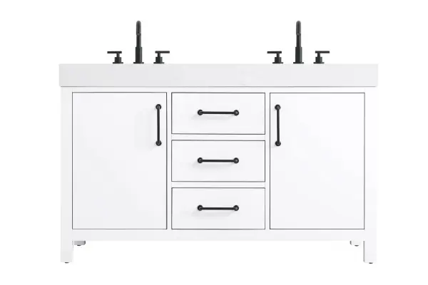 Dimensions
Length: 54"
Width: 22"
Height: 34"
Counter Top Length: 54"
Counter Top Width: 22"
Counter Top Height: 4"
Sink Width: 17.13"
Sink Depth: 11.61"
Sink Height: 7"
Sink Drain Hole Size: 1.75"
Faucet Hole Spacing: 8"3 Holes"
Specifications
Assembly Required: No
Base Material: Solid wood and MDF
Counter Top Edge Style: straight
Counter Top Finish: marble white
Distressed Finish: No
Drain Assembly Included: No
Faucet Included: No
Finish (Color): White
Vanity Material: Solid Wood and MDF
Hardware Finish: black
Harware Material: Aluminum alloy
Number of Faucet Holes: 6
Number of Sinks: 2
Product Shape: Rectangle
Product Type: Bathroom Vanities
Product Warranty: 1 year limited
Sink Mounting Type: Undermount
Vanity Backsplash: NO
Vanity Mounting Type: Free-Standing
246
Wire Included: No
Wood Type: Rubber wood
Shipment type: LTL
US Shipping Cost: $237.00
Drawers
Drawers Included: yes
Number of Drawers: 3
False Drawers: no
Drawer Width: 15.875
Drawer Depth: 15.125
Drawer Height: 7.125
Drawer Handle Designs: Bar pulls
Shelves
Number of Shelves: 2
Shelf Width: 16.5
Cabinets
Number of Cabinets: 2
Cabinet Interior Width: 16.5
Cabinet Interior Depth: 17.875
Cabinet Interior Height: 22.375