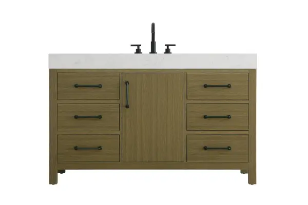 Dimensions
Length: 54"
Width: 22"
Height: 34"
Counter Top Length: 54"
Counter Top Width: 22"
Counter Top Height: 4"
Sink Width: 17.13"
Sink Depth: 11.61"
Sink Height: 7"
Sink Drain Hole Size: 1.75"
Faucet Hole Spacing: 8"3 Holes"
Specifications
Assembly Required: No
Base Material: Solid wood and MDF
Counter Top Edge Style: straight
Counter Top Finish: marble white
Distressed Finish: No
Drain Assembly Included: No
Faucet Included: No
Finish (Color): Chestnut Brown
Vanity Material: Solid Wood and MDF
Hardware Finish: black
Harware Material: Aluminum alloy
Number of Faucet Holes: 3
Number of Sinks: 1
Product Shape: Rectangle
Product Type: Bathroom Vanities
Product Warranty: 1 year limited
Sink Mounting Type: Undermount
Vanity Backsplash: NO
Vanity Mounting Type: Free-Standing
282
Wire Included: No
Wood Type: Rubber wood
Shipment type: LTL
US Shipping Cost: $237.00
Drawers
Drawers Included: yes
Number of Drawers: 6
False Drawers: no
Drawer Width: 15.875
Drawer Depth: 15.125
Drawer Height: 7.125
Drawer Handle Designs: Bar pulls
Shelves
Number of Shelves: 1
Shelf Width: 16.625
Cabinets
Number of Cabinets: 1
Cabinet Interior Width: 16.625
Cabinet Interior Depth: 17.875
Cabinet Interior Height: 22.375