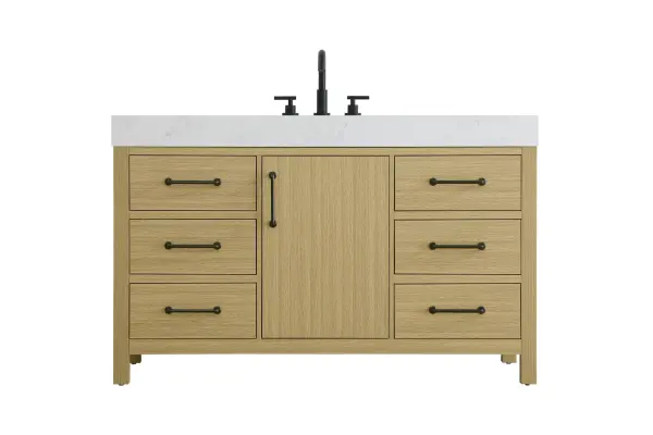 Dimensions
Length: 54"
Width: 22"
Height: 34"
Counter Top Length: 54"
Counter Top Width: 22"
Counter Top Height: 4"
Sink Width: 17.13"
Sink Depth: 11.61"
Sink Height: 7"
Sink Drain Hole Size: 1.75"
Faucet Hole Spacing: 8"3 Holes"
Specifications
Assembly Required: No
Base Material: Solid wood and MDF
Counter Top Edge Style: straight
Counter Top Finish: marble white
Distressed Finish: No
Drain Assembly Included: No
Faucet Included: No
Finish (Color): Honey Brown
Vanity Material: Solid Wood and MDF
Hardware Finish: black
Harware Material: Aluminum alloy
Number of Faucet Holes: 3
Number of Sinks: 1
Product Shape: Rectangle
Product Type: Bathroom Vanities
Product Warranty: 1 year limited
Sink Mounting Type: Undermount
Vanity Backsplash: NO
Vanity Mounting Type: Free-Standing
282
Wire Included: No
Wood Type: Rubber wood
Shipment type: LTL
US Shipping Cost: $237.00
Drawers
Drawers Included: yes
Number of Drawers: 6
False Drawers: no
Drawer Width: 15.875
Drawer Depth: 15.125
Drawer Height: 7.125
Drawer Handle Designs: Bar pulls
Shelves
Number of Shelves: 1
Shelf Width: 16.625
Cabinets
Number of Cabinets: 1
Cabinet Interior Width: 16.625
Cabinet Interior Depth: 17.875
Cabinet Interior Height: 22.375