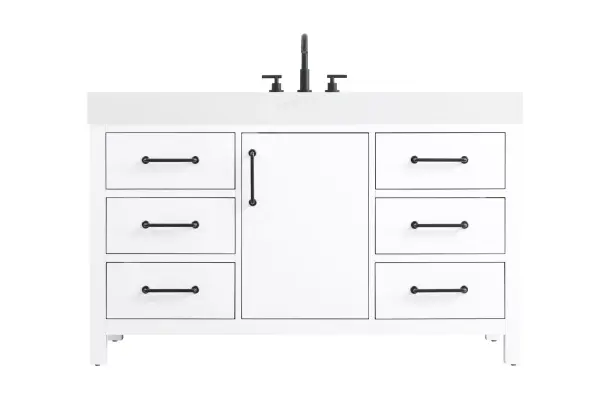 This bathroom vanity offers a clean-lined design, perfect for modern and minimalistic spaces. The bright white finish enhances the overall brightness of the room, creating a fresh and airy feel. The central drawers and symmetrical cabinet doors create a sense of balance and structure. Matte black hardware offers a bold contrast to the white finish, reinforcing the modern aesthetic while maintaining a timeless appeal. The thick engineered marble countertop adds a sturdy, minimalist element, with its clean white surface further elevating the overall sophistication of the vanity. This piece is a perfect marriage of style and practicality, effortlessly complementing both modern and transitional bathroom designs. This vanity is delivered fully assembled and equipped with foot levelers for effortless installation and stability. Combining practicality and bold design, this vanity is UPC certified and ready to transform your bathroom space. Collection: Nathan Rooms: bathroom Finish: White Width: 22.00" Height: 34.00" Length: 54.00" Weight: 262.00 lb Material: Solid wood and MDF Country of Origin: Vietnam Manufacturer Warranty: 1 year limited