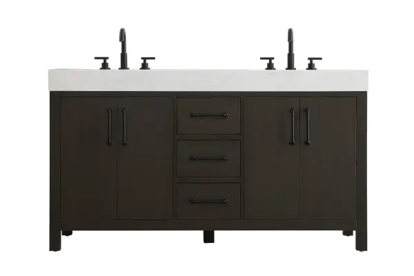 Dimensions
Length: 60"
Width: 22"
Height: 34"
Counter Top Length: 60"
Counter Top Width: 22"
Counter Top Height: 4"
Sink Width: 17.13"
Sink Depth: 11.61"
Sink Height: 7"
Sink Drain Hole Size: 1.75"
Faucet Hole Spacing: 8"3 Holes"
Specifications
Assembly Required: No
Base Material: Solid wood and MDF
Counter Top Edge Style: straight
Counter Top Finish: marble white
Distressed Finish: No
Drain Assembly Included: No
Faucet Included: No
Finish (Color): Mocha Brown
Vanity Material: Solid Wood and MDF
Hardware Finish: black
Harware Material: Aluminum alloy
Number of Faucet Holes: 6
Number of Sinks: 2
Product Shape: Rectangle
Product Type: Bathroom Vanities
Product Warranty: 1 year limited
Sink Mounting Type: Undermount
Vanity Backsplash: NO
Vanity Mounting Type: Free-Standing
271
Wire Included: No
Wood Type: Rubber wood
Shipment type: LTL
US Shipping Cost: $261.00
Drawers
Drawers Included: yes
Number of Drawers: 3
False Drawers: no
Drawer Width: 11.875
Drawer Depth: 15.125
Drawer Height: 7.125
Drawer Handle Designs: Bar pulls
Shelves
Number of Shelves: 2
Shelf Width: 21.5
Cabinets
Number of Cabinets: 2
Cabinet Interior Width: 21.5
Cabinet Interior Depth: 17.875
Cabinet Interior Height: 22.375