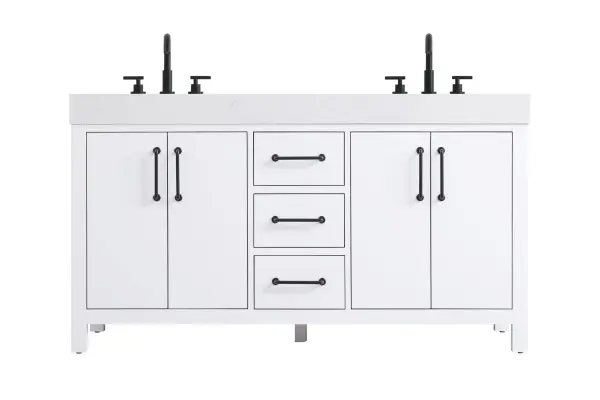 Dimensions
Length: 60"
Width: 22"
Height: 34"
Counter Top Length: 60"
Counter Top Width: 22"
Counter Top Height: 4"
Sink Width: 17.13"
Sink Depth: 11.61"
Sink Height: 7"
Sink Drain Hole Size: 1.75"
Faucet Hole Spacing: 8"3 Holes"
Specifications
Assembly Required: No
Base Material: Solid wood and MDF
Counter Top Edge Style: straight
Counter Top Finish: marble white
Distressed Finish: No
Drain Assembly Included: No
Faucet Included: No
Finish (Color): White
Vanity Material: Solid Wood and MDF
Hardware Finish: black
Harware Material: Aluminum alloy
Number of Faucet Holes: 6
Number of Sinks: 2
Product Shape: Rectangle
Product Type: Bathroom Vanities
Product Warranty: 1 year limited
Sink Mounting Type: Undermount
Vanity Backsplash: NO
Vanity Mounting Type: Free-Standing
271
Wire Included: No
Wood Type: Rubber wood
Shipment type: LTL
US Shipping Cost: $261.00
Drawers
Drawers Included: yes
Number of Drawers: 3
False Drawers: no
Drawer Width: 11.875
Drawer Depth: 15.125
Drawer Height: 7.125
Drawer Handle Designs: Bar pulls
Shelves
Number of Shelves: 2
Shelf Width: 21.5
Cabinets
Number of Cabinets: 2
Cabinet Interior Width: 21.5
Cabinet Interior Depth: 17.875
Cabinet Interior Height: 22.375